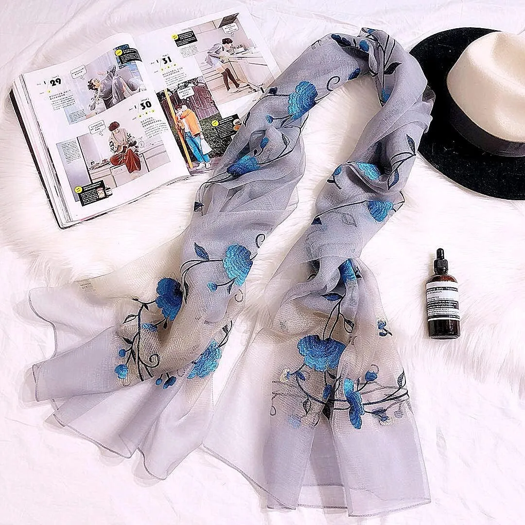 Women Exquisite Silk&Wool Mixed Embroidered Scarf Headwrap Shawl