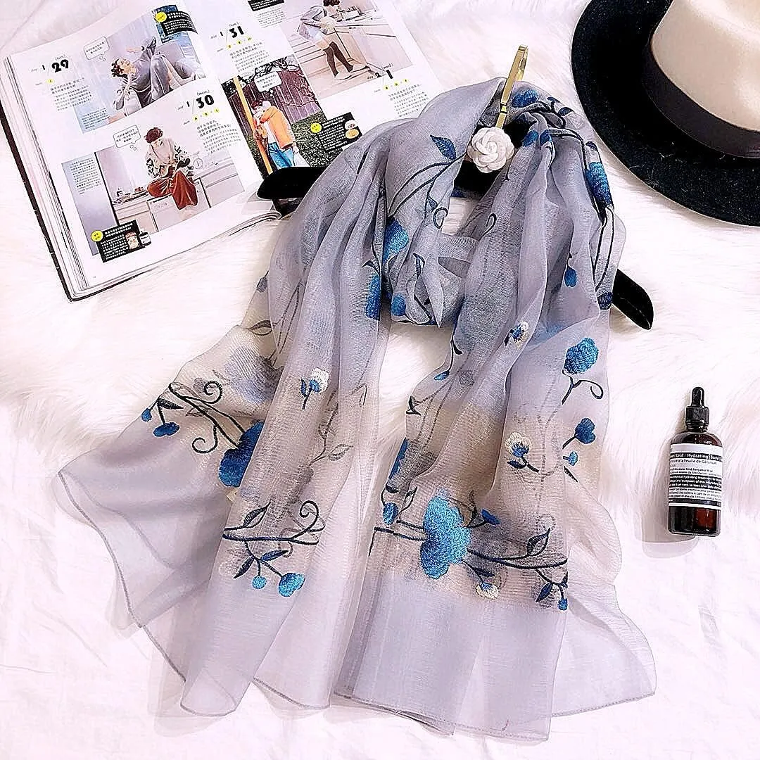 Women Exquisite Silk&Wool Mixed Embroidered Scarf Headwrap Shawl