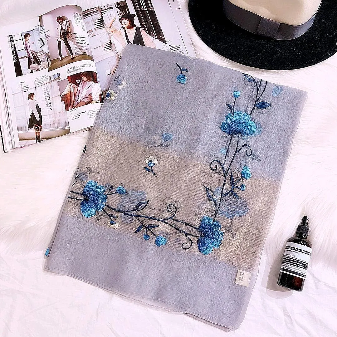 Women Exquisite Silk&Wool Mixed Embroidered Scarf Headwrap Shawl