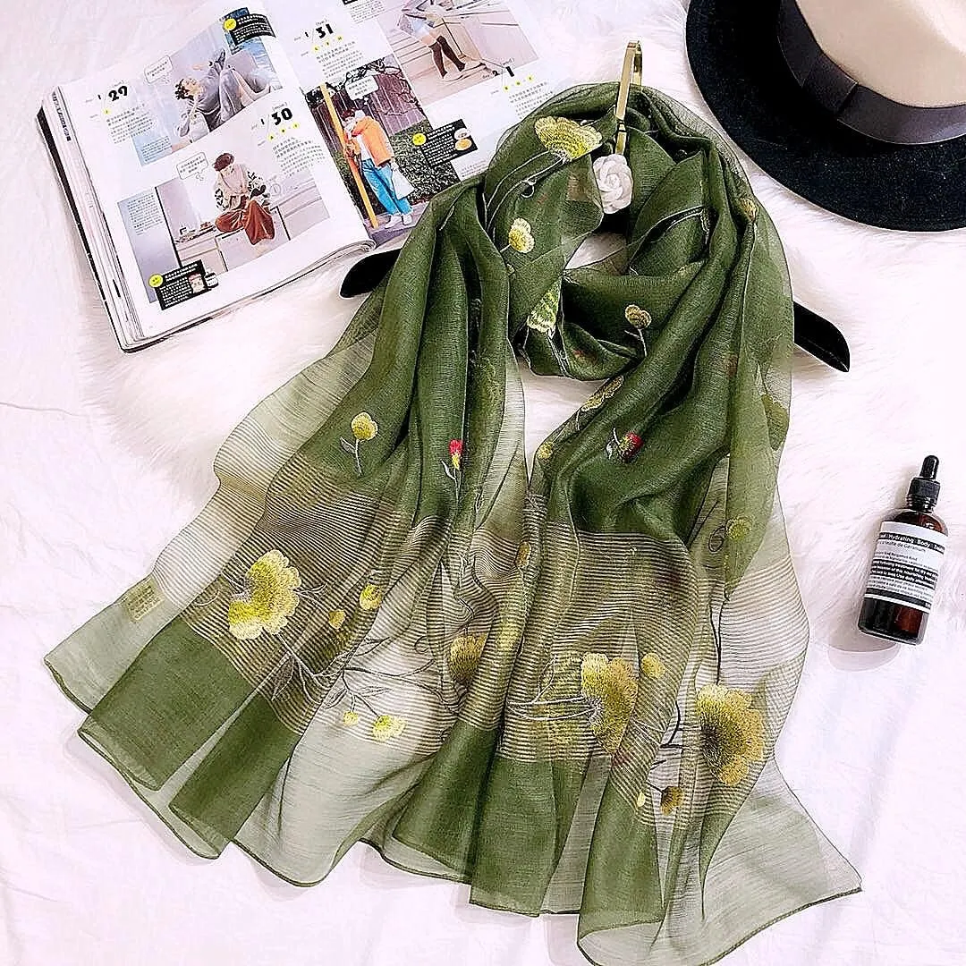 Women Exquisite Silk&Wool Mixed Embroidered Scarf Headwrap Shawl