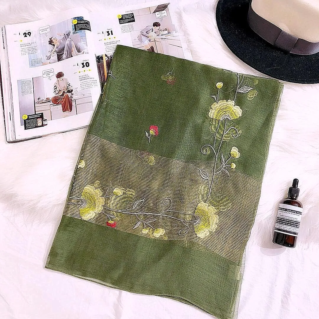 Women Exquisite Silk&Wool Mixed Embroidered Scarf Headwrap Shawl