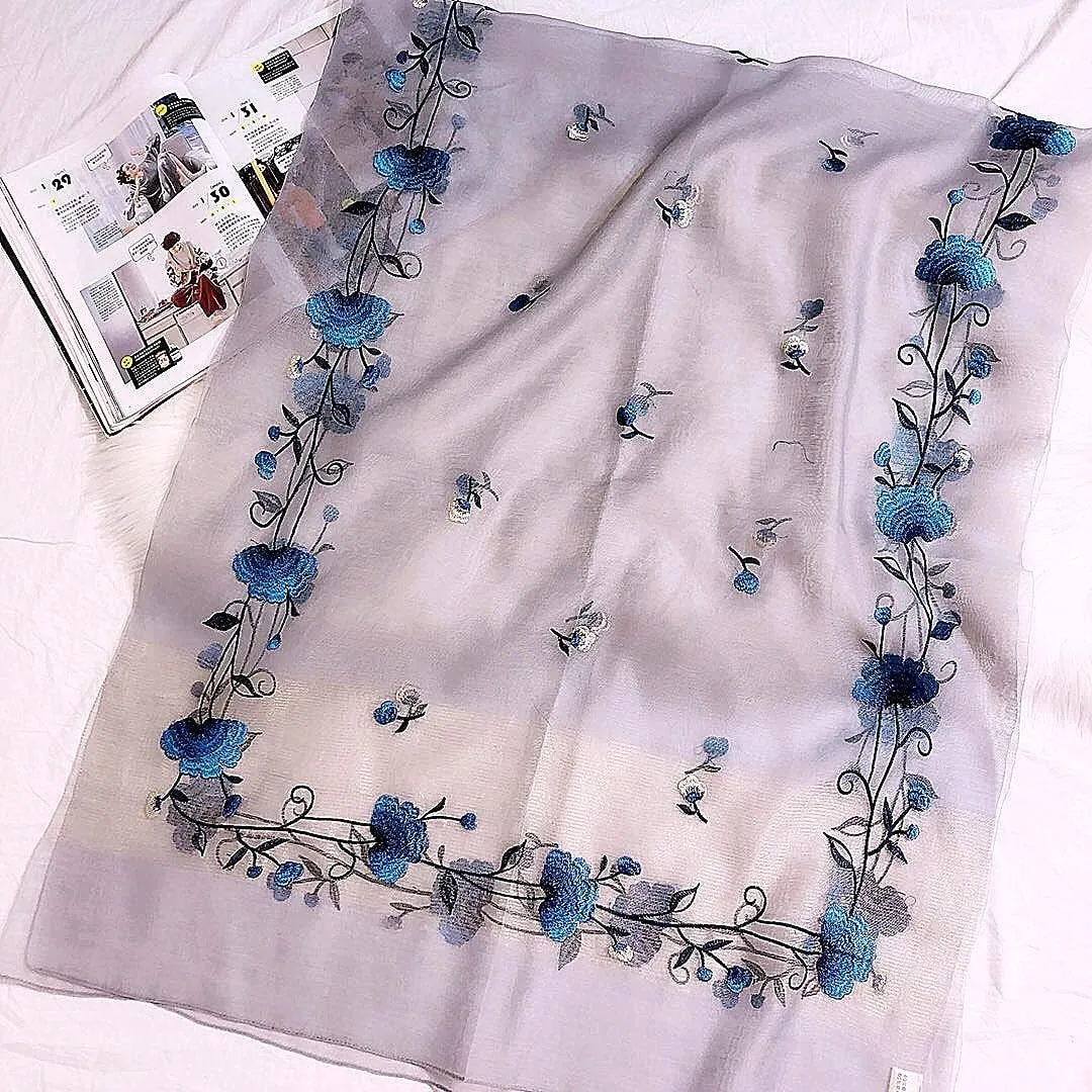 Women Exquisite Silk&Wool Mixed Embroidered Scarf Headwrap Shawl