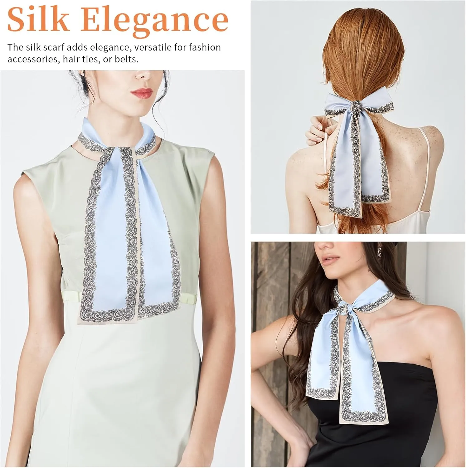 Womens Floral Silk Scarf Smile Print Lightweight Headscarf for Hair Neck Handbag Accessories